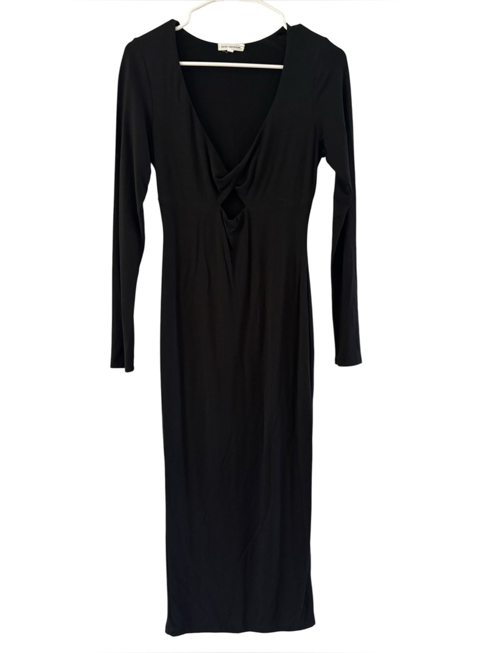 Good American Women's Black Long Sleeve Bodycon Twist Front Maxi Dress Size 1